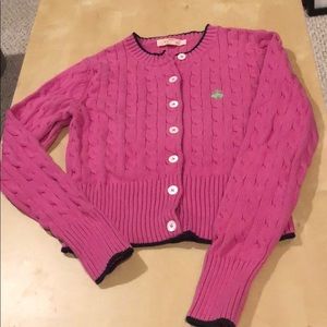 Brooks Brothers pink cable cardigan, navy trim